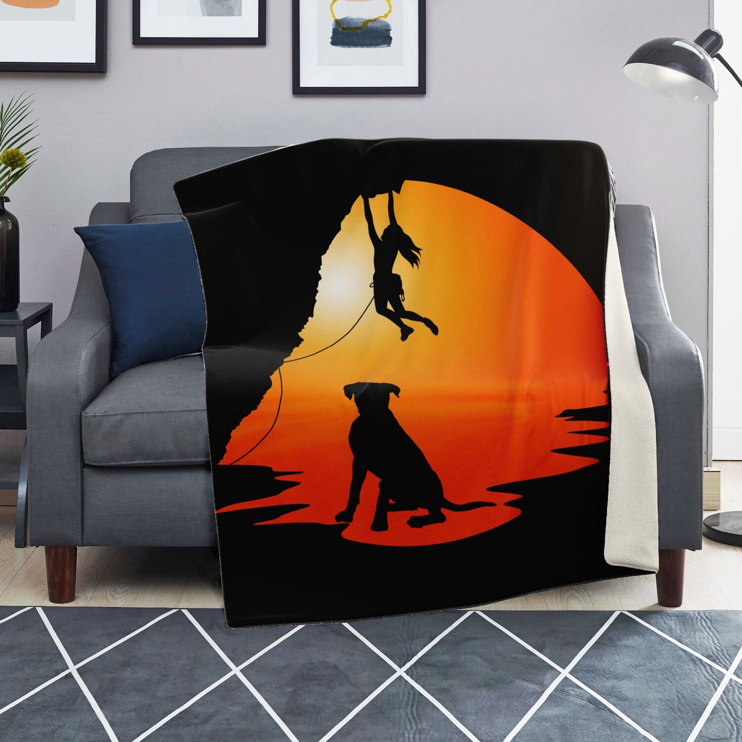 Premium Microfleece Blanket (Climber and dog at sunset)