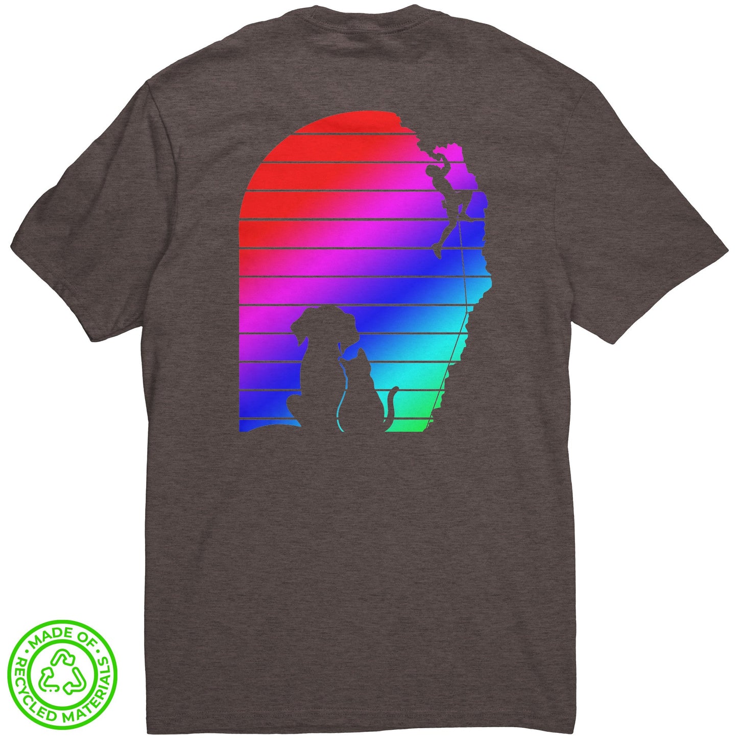 Eco-Friendly Re-Tee (Rainbow Silhouetted climber, dog, and cat)