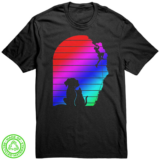 Eco-Friendly Re-Tee (Rainbow Silhouetted climber, dog, and cat)